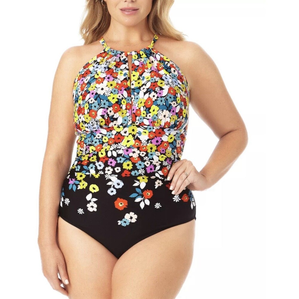 Anne Cole Womens High Neck With Ruffle‎ Straps One Piece Swimsuit Size 14 EUC